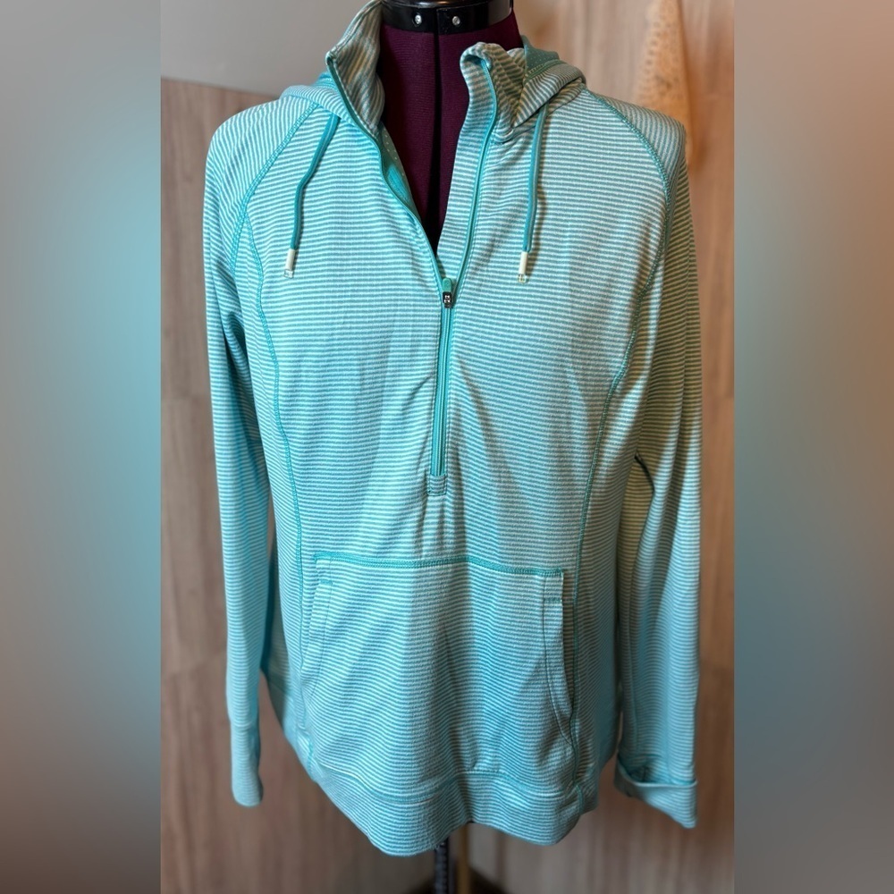 Tangerine Teal Striped 3/4 Zip Hooded Top